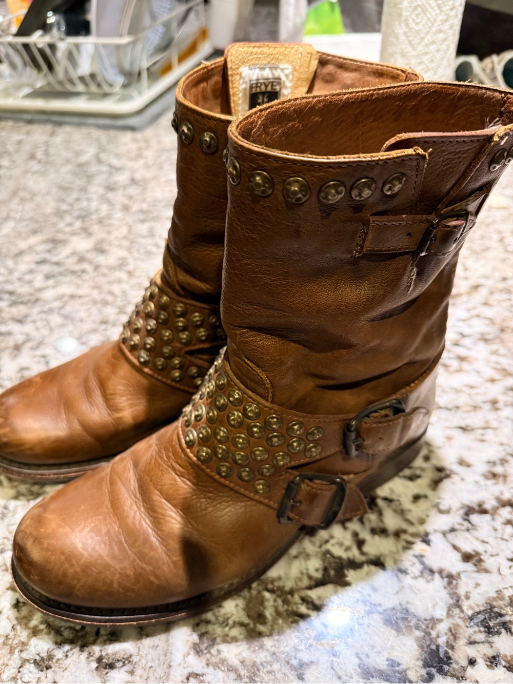Frye Brown Leather Studded Harness Boots